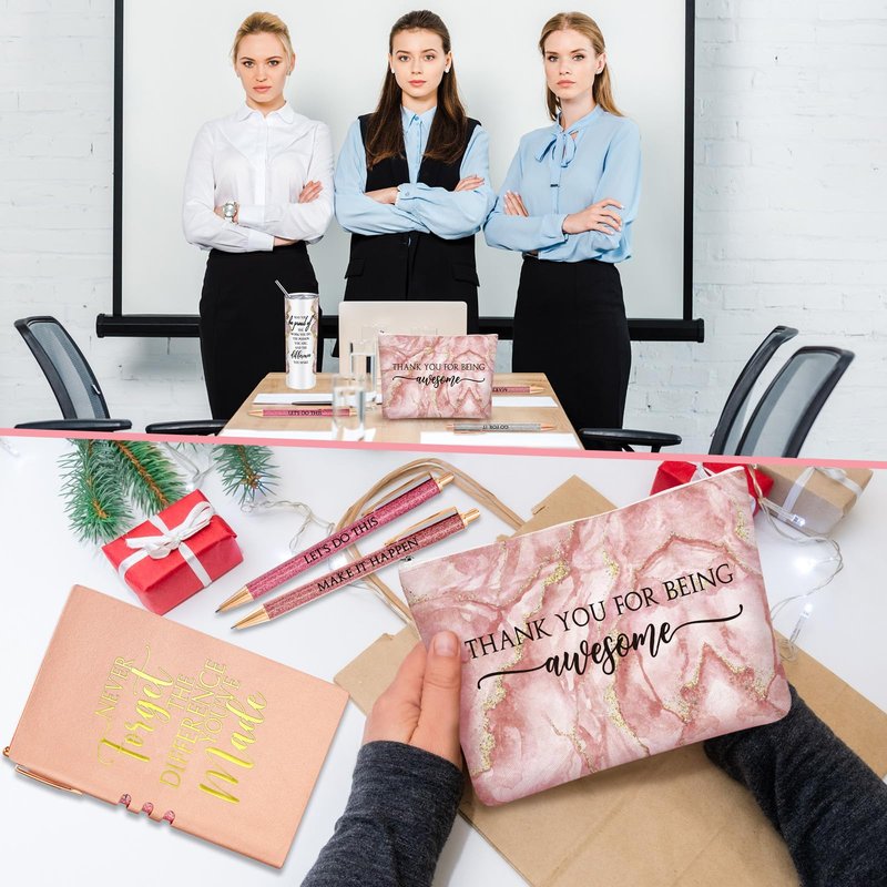 Domensi 6 Pcs Employee Appreciation Gift for Women Teacher Nurse Week Thank You Gift May You Be Proud 20 oz Rustic Marble Sign Tumbler Makeup Bag Journal for Graduation Work Business(Pink)