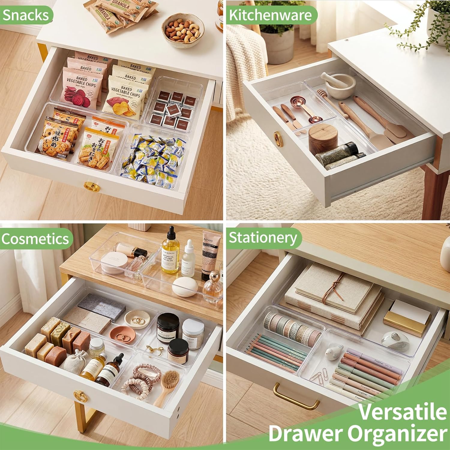Skiennix 6 PCS Clear Plastic Drawer Organizer Trays - Large Size for Makeup, Kitchen & Office | 12'' Acrylic Design