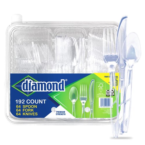 Diamond® All Occasion Clear Plastic Cutlery Set – 192 Count (64 Forks, 64 Spoons, 64 Knives), Disposable Utensils, Durable Polystyrene, Reusable Tray, Made in USA