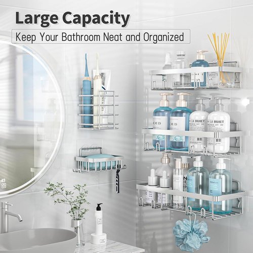 Liuoud Shower Caddy Organizer - Rustproof Stainless Steel Wall Storage Basket | 5 Pack, Large Capacity, Silver