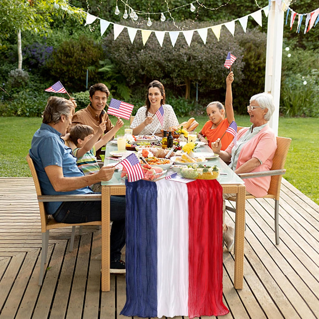 RunNico Cheese Cloth Table Runner - 120 x 38 Inch Rustic Red, White & Blue for Patriotic Decor