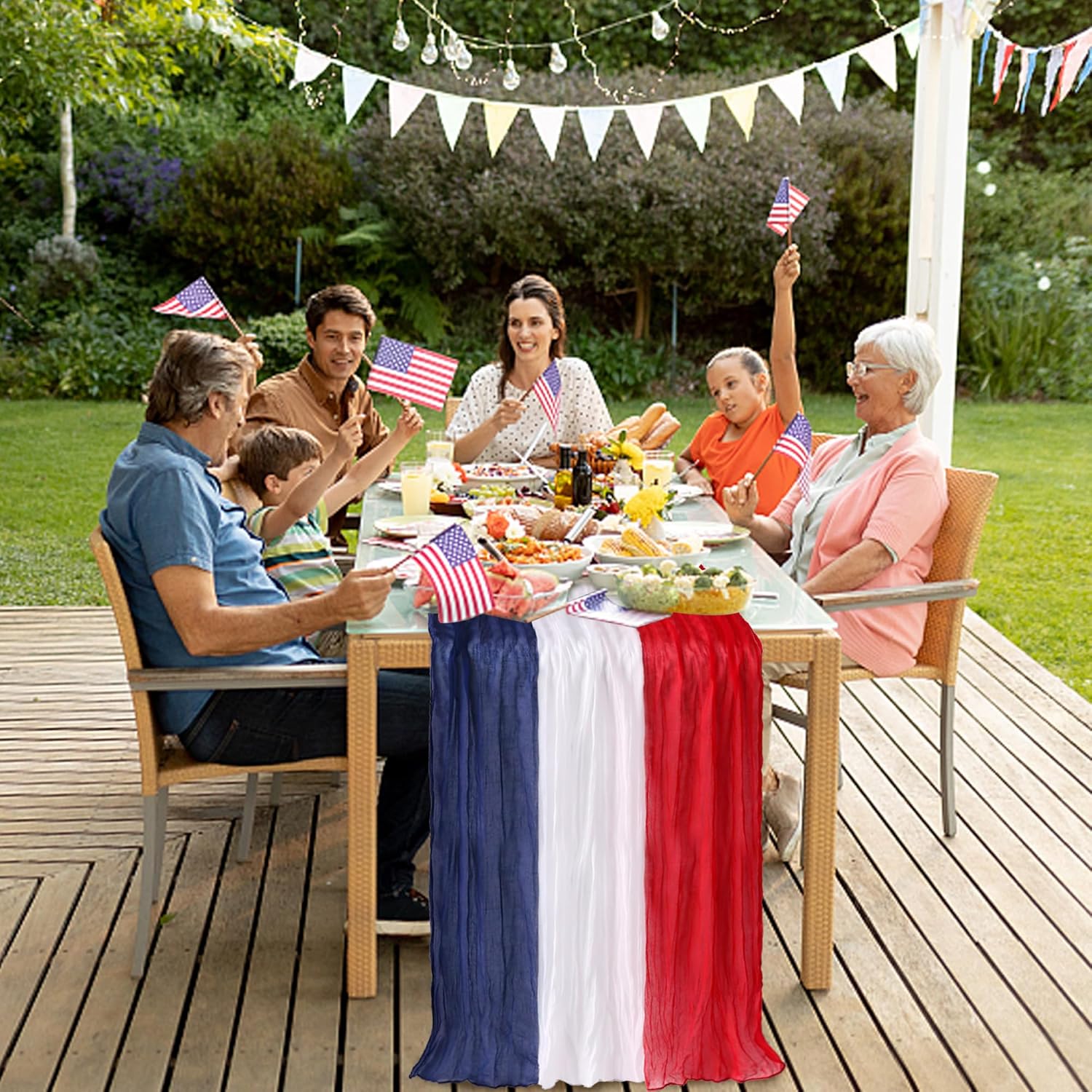 RunNico Cheese Cloth Table Runner - 120 x 38 Inch Rustic Red, White & Blue for Patriotic Decor