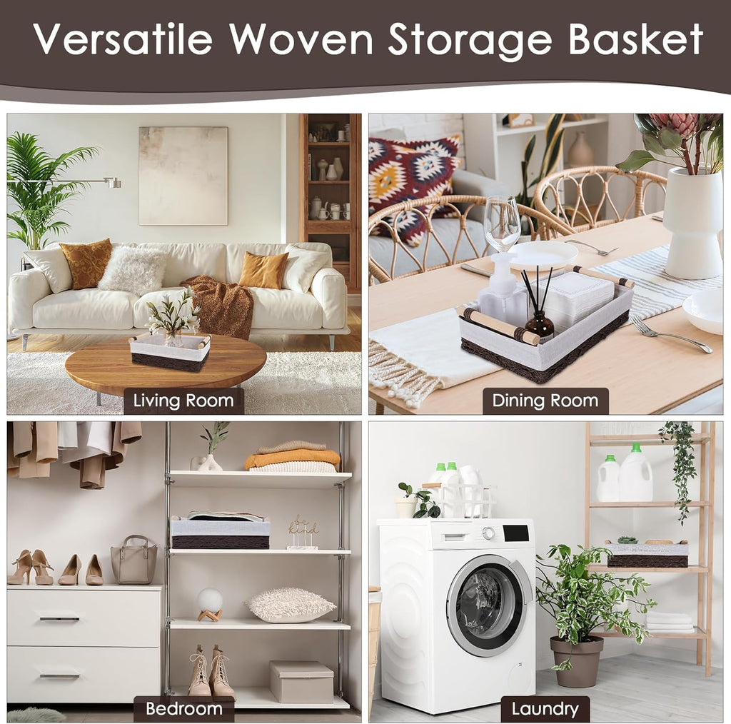 Wicker Storage Basket - Decorative Paper Rope Organizer with Wooden Handle | 2-Pack, Brown for Home & Office