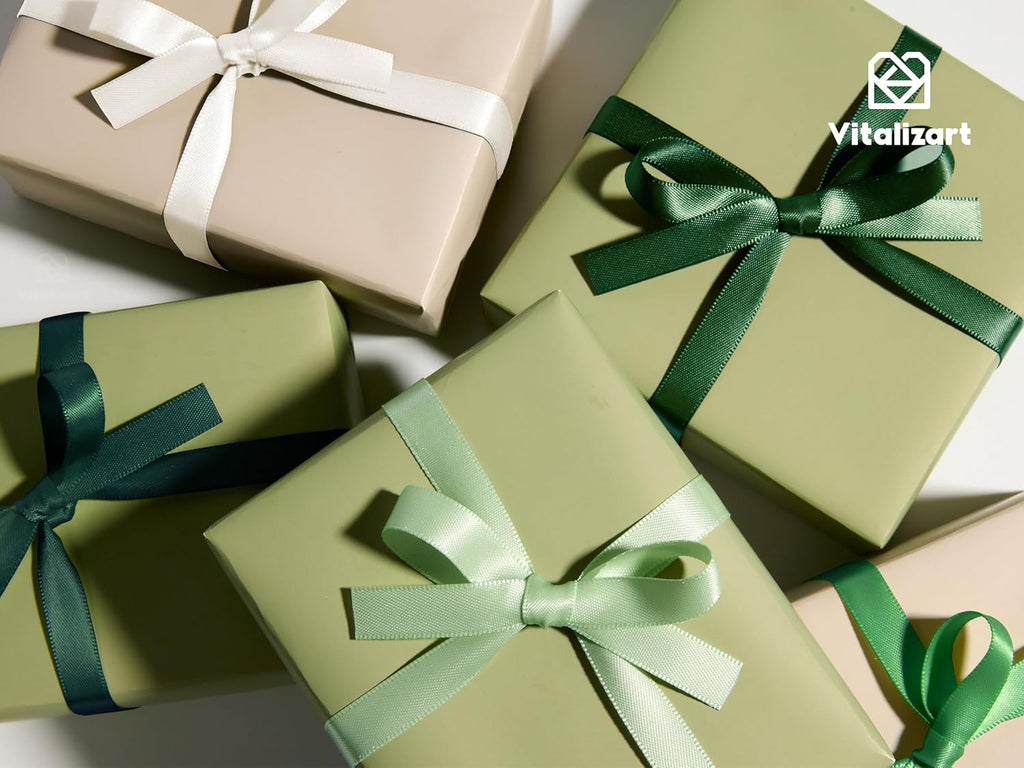 Vitalizart Satin Ribbon - Green & Cream Double-Faced 3/8" x 50 Yd for Gift Wrapping & Crafts