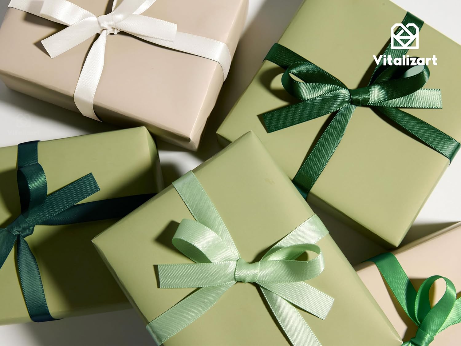 Vitalizart Satin Ribbon - Green & Cream Double-Faced 3/8" x 50 Yd for Gift Wrapping & Crafts