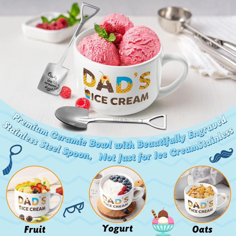 R HORSE Father Ice Cream Bowl Gift Set, Dad’s Ice Cream Bowl Engraved Shovel Spoon Set with Best Dad Ever Card, Desserts Cereal Fruit Tableware Kit Father’s Day Birthday Gift Box for Daddy Grandpa Men