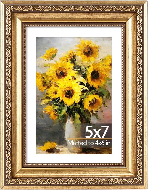 JCJMY Vintage Picture Frame - Elegant 5x7 Photo Frame with 4x6 Mat | Shatter-Resistant Plexiglass, Gold