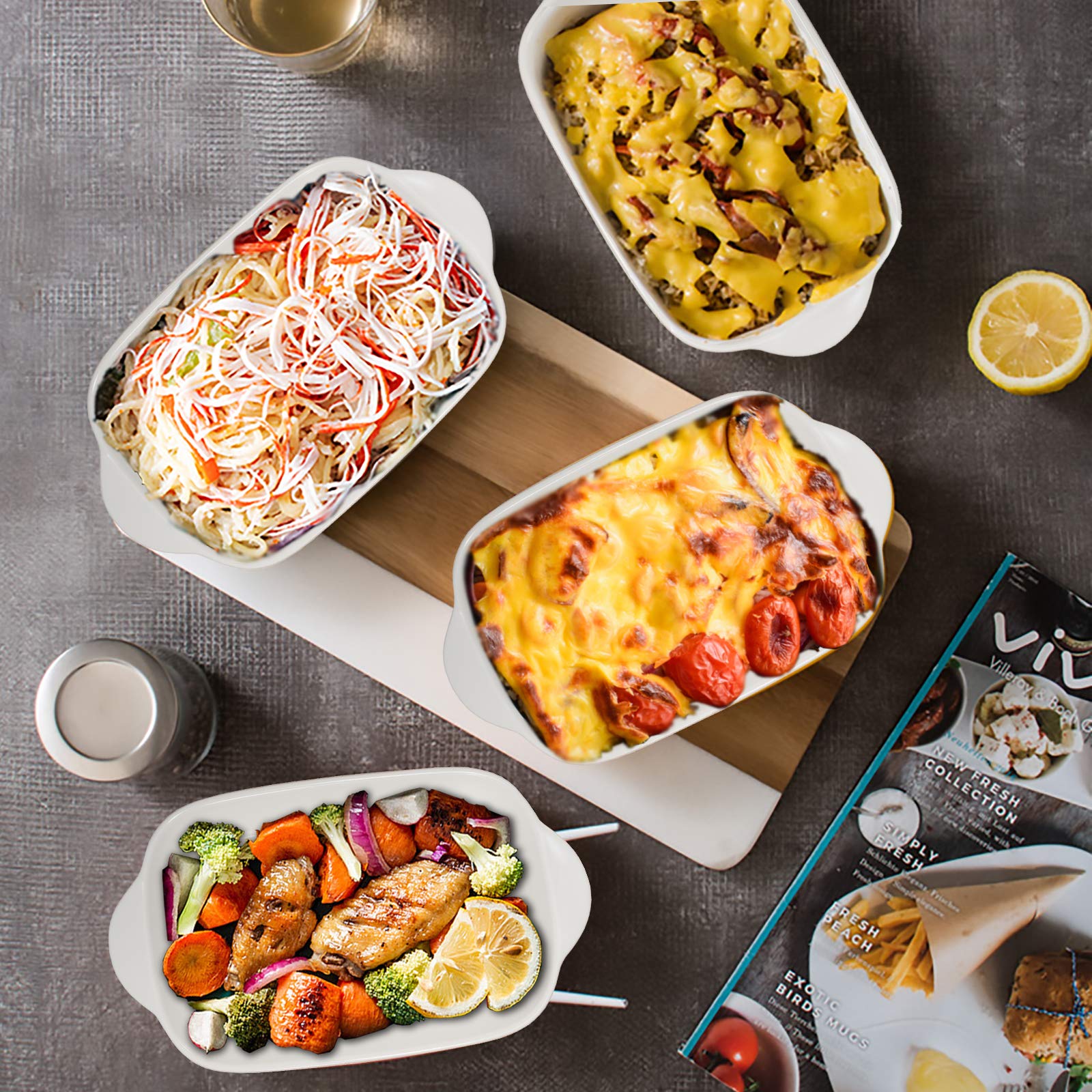 Hoxierence 20oz Small Ceramic Baking Dishes, 7.5L x 5.4W Inch Stone Embossed Pattern Bakeware with Double Handles, Individual Rectangular Baker for Lasagna, Casserole - Set of 4 (Gray)