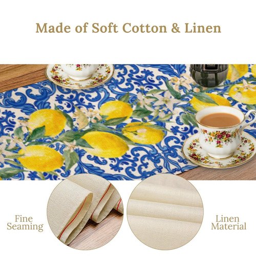 UEQIKI Blue Tiles Lemon Table Runner for Home Party Decorations Seasonal Summer Washable Kitchen Dining Table Decor for Birthday Party Coffee Table Family Dinners Holiday Wedding 13x72 Inch