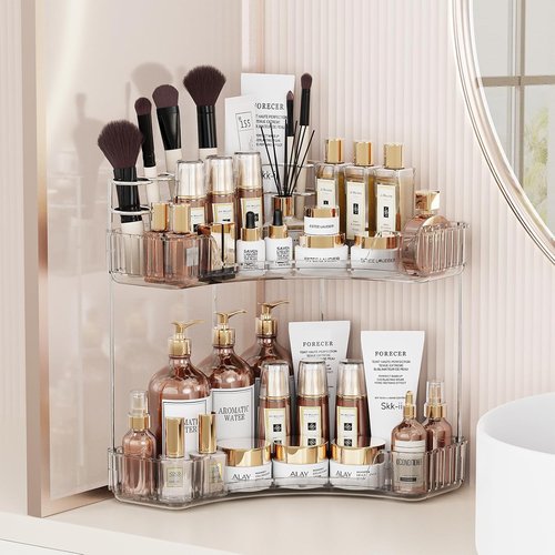 Asayuee 2-Tier Corner Bathroom Organizer - Large Makeup & Skincare Holder with Toothbrush Slots | Clear