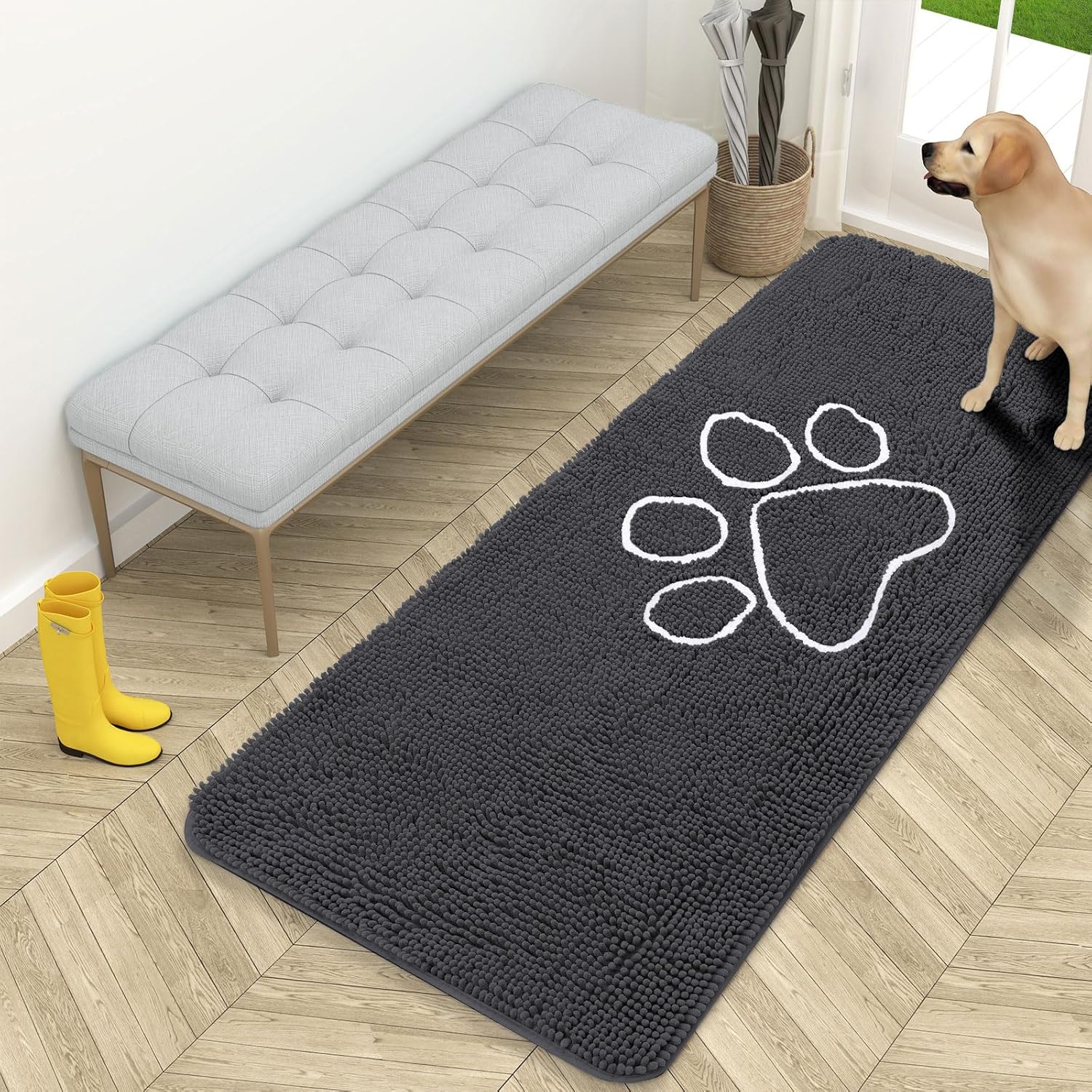 OLANLY Dog Door Mat - Absorbent Non-Slip Mud Mat for Muddy Paws | 59x24 Dark Grey Chenille Design
