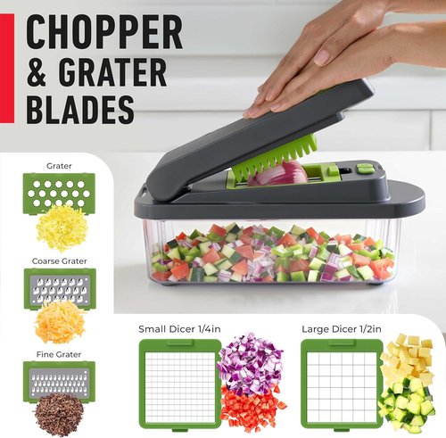 Mueller Pro-Series 10-in-1 Vegetable Chopper - 8 Blades for Dicing, Slicing & Mincing | Gray/Green