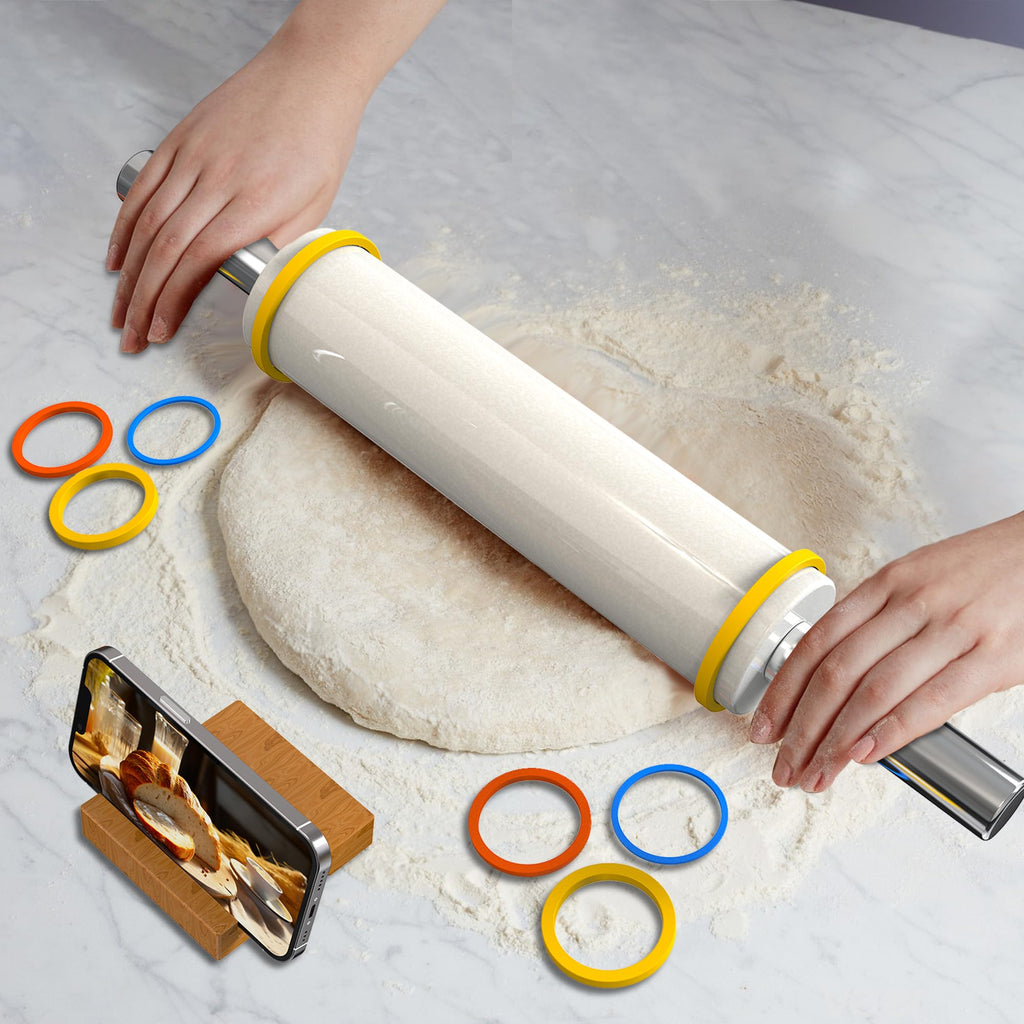 Mepple Marble Rolling Pin with Stainless Steel Handle for Baking,Fondant,Pizza,Cookie Crust,Pie,Cookies,Pastry, 18.5”(Includes handle) Marble Rolling Pin with 3 Multi-Color Thicknesses and Wood Stand