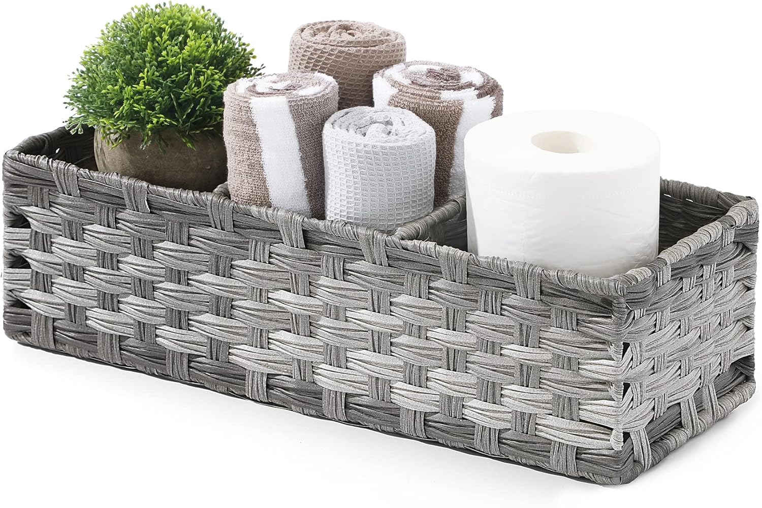 Toilet Tank Topper Paper Basket - Hand Woven Plastic Wicker Organizer with Divider | Rustic Grey Farmhouse Decor