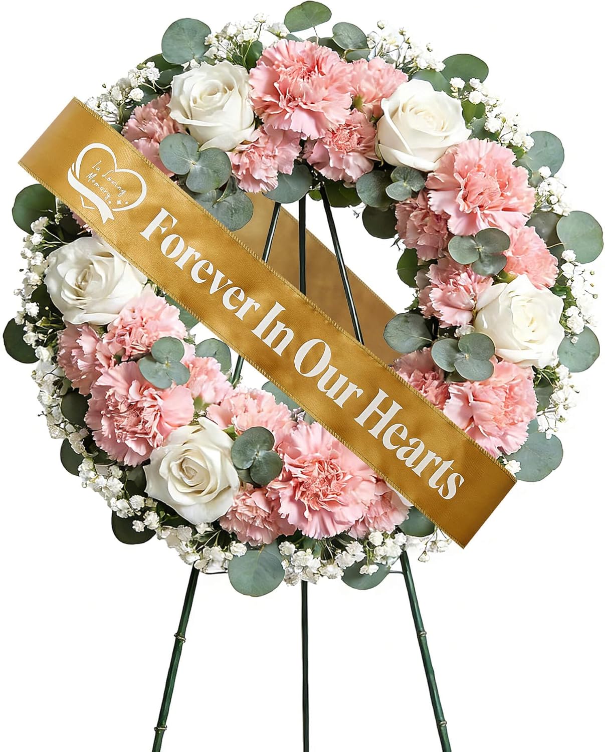 Regine Switzerland Elegant Funeral Wreath Sash - Forever in Our Hearts Memorial Ribbon (Golden)