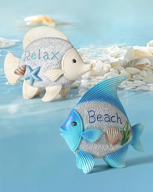 iStatue 2-Pack Coastal Fish Figurines - Cute 4.4'' Nautical Decor for Bathroom & Living Room