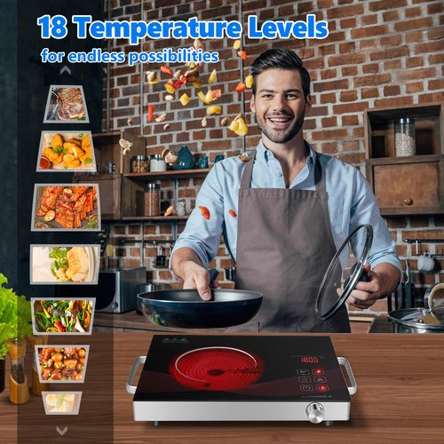 GRACEALL Single Burner Electric Hob 1800W Countertop Hot Plate, Infrared Cooker for Cooking Portable Stove, Compact Hotplate Temperature Adjustable, Touch & Knob Control