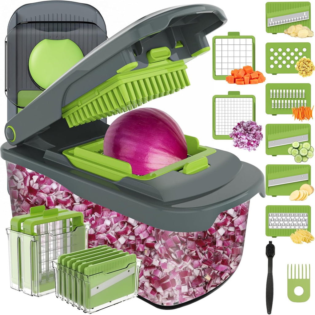 Ourokhome Manual Food Chopper & Mandolin Slicer - 8 Blades for Versatile Vegetable Dicing | Gray