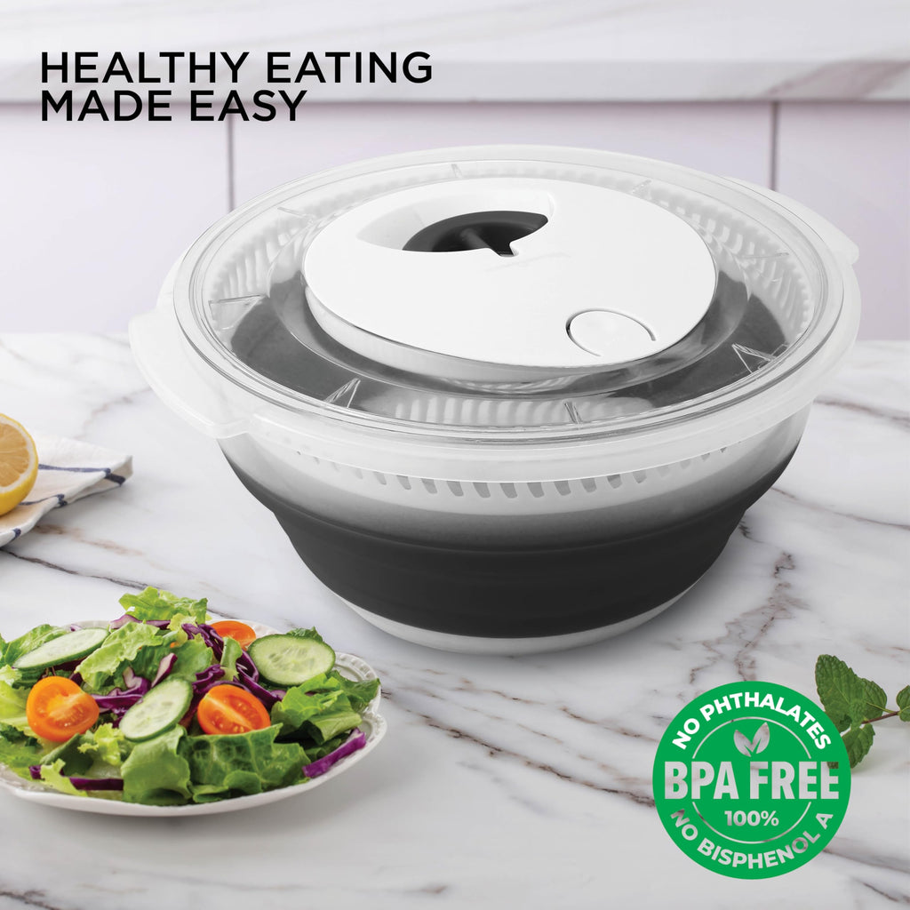 COOK WITH COLOR Collapsible Salad Spinner - 4 QT Space Saving Lettuce Dryer with Folding Collapsible Colander Great for Washing and Drying Fruit and Vegetables (Black)