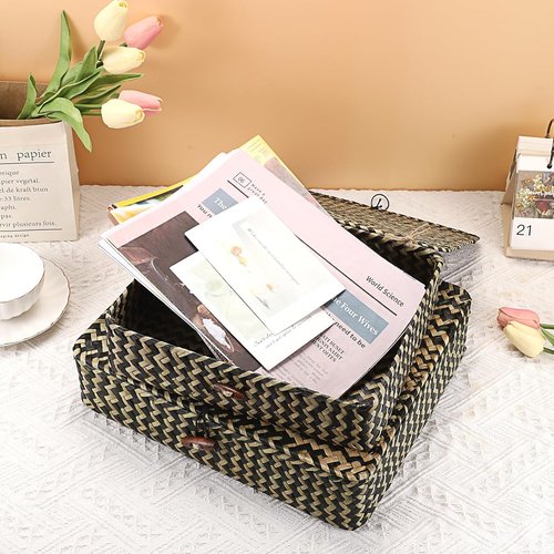 Hipiwe Woven Storage Baskets - Natural Seagrass Bins with Lids | Set of 2 for Stylish Home Decor