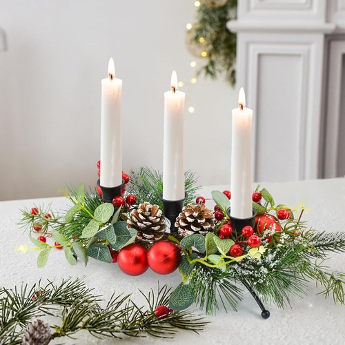 MrMrKura Christmas Tabletop Centerpiece - 3 Candle Holders with Pine Cones & Red Berries for Festive Dining Room Decor