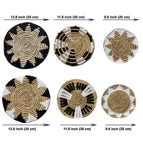 Laquedecraft Boho Wicker Rattan Plate Basket Set For Décor Hanging Wall | Large Woven Farmhouse Rustic Bohemian Art Baket Hangings For Decorative Home, Bedroom, Living Room, Kitchen, Bathroom (Art Deco, Natural, Set of 6)