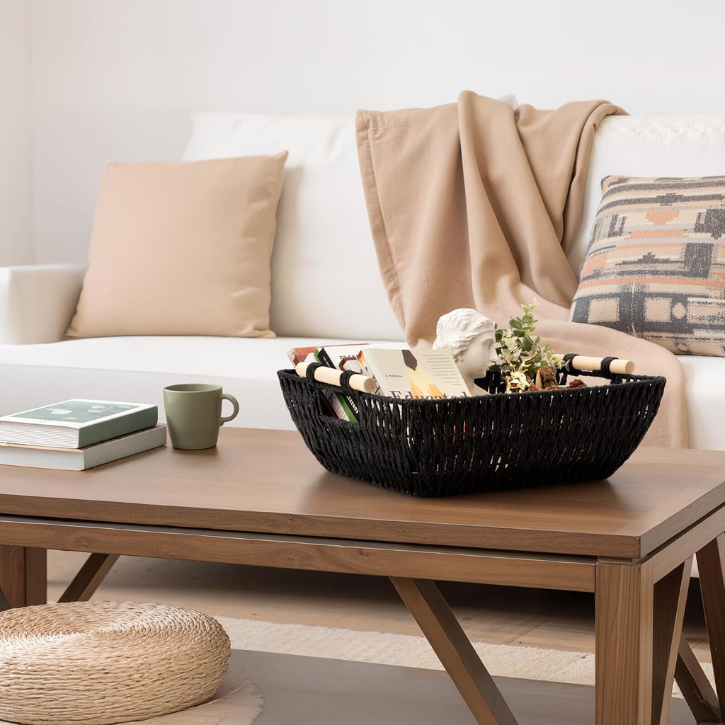 StorageWorks Large Wicker Storage Baskets - Organize with Style | Black, 2-Pack with Wooden Handles