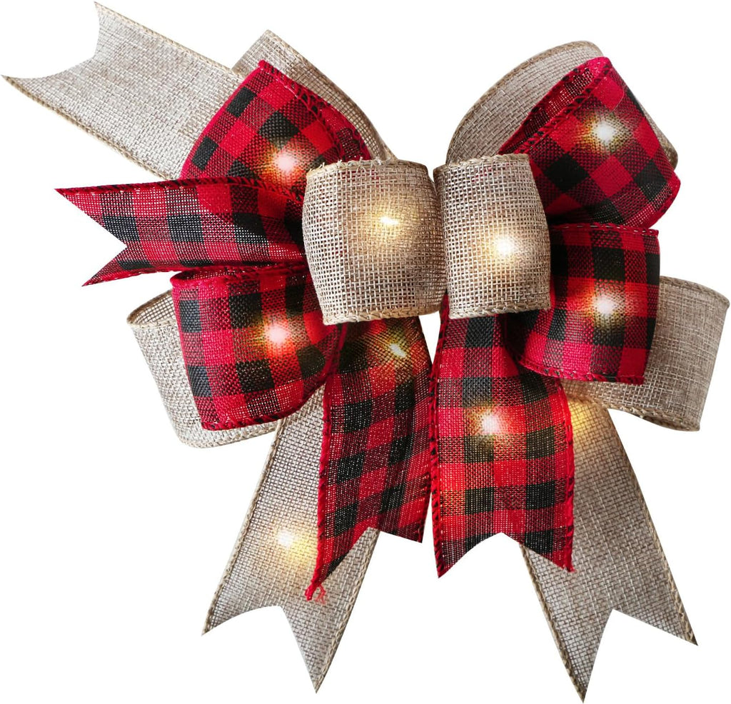 SIMISI Ribbon LED Christmas Bow - Rustic Buffalo Plaid Burlap with Lights | 9.5 x 13 Inch Holiday Decor