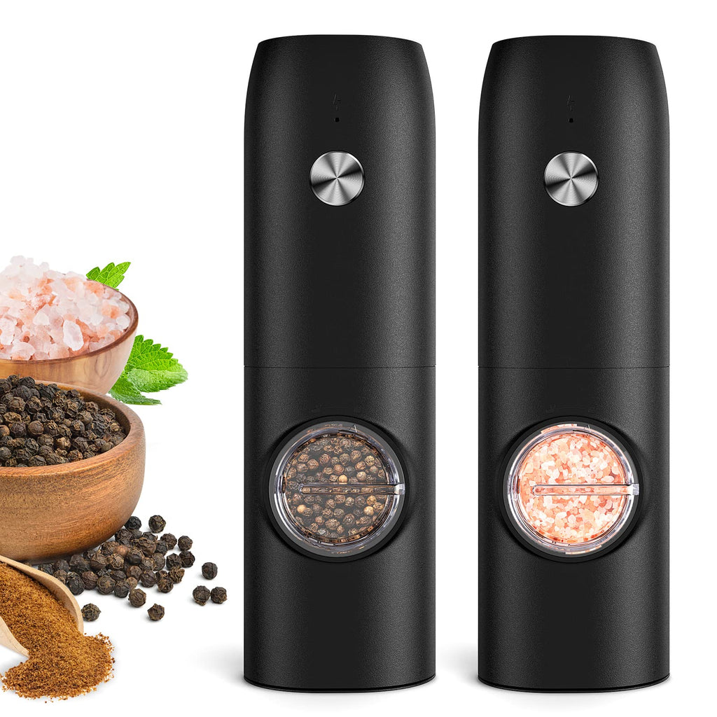 Electric Salt and Pepper Grinder Set, Rechargeable Automatic Pepper Mill Grinder with LED Light, Adjustable Coarseness shakers, One-Hand Operation for Kitchen Appliances(2 Pack Black)