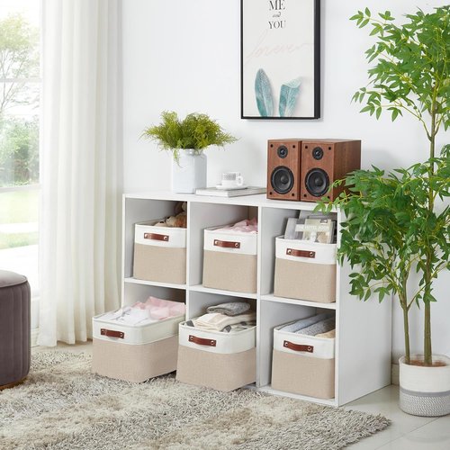 DECOMOMO Storage Baskets - Large Fabric Storage Bins for Organizing Linen Closets (Beige & White)