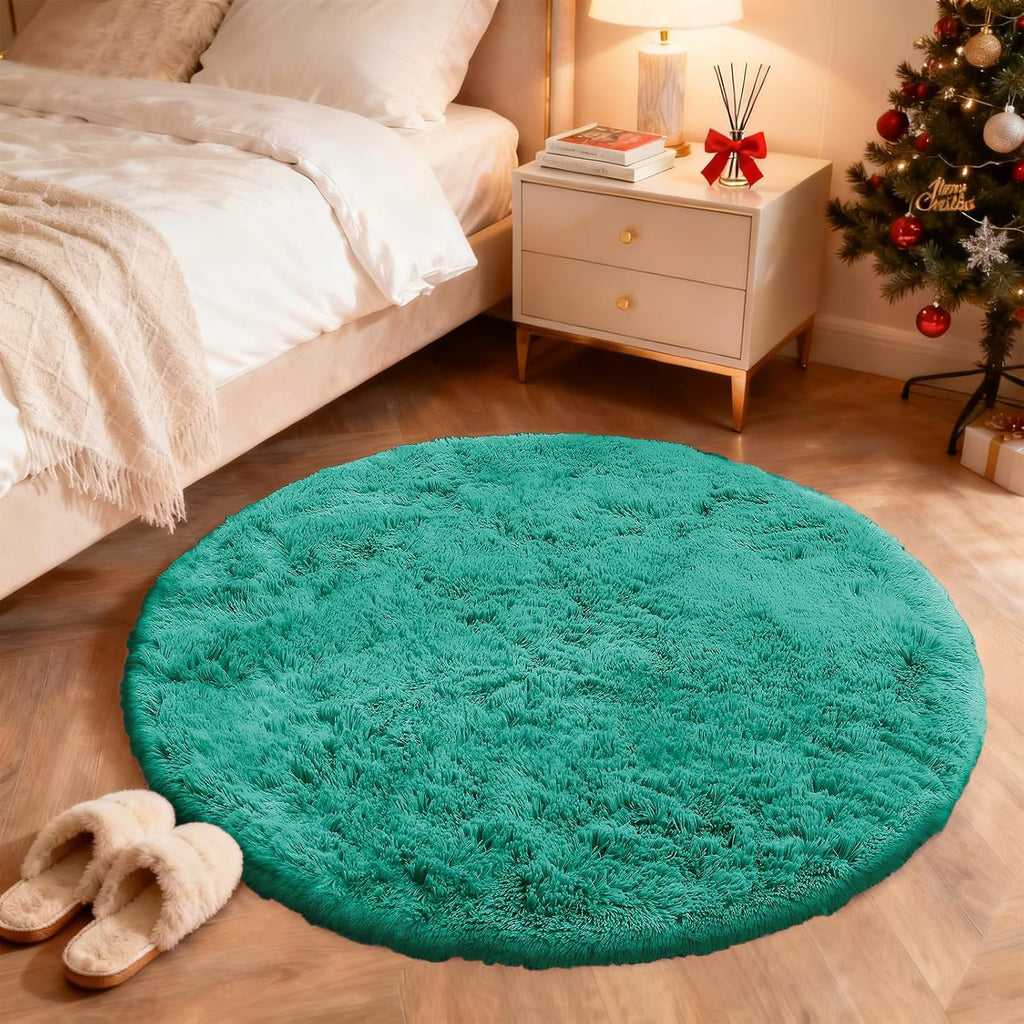 OLANLY Round Teal Green Area Rug - Soft, Fluffy, Machine Washable 9 ft Carpet for Bedroom & Living Room