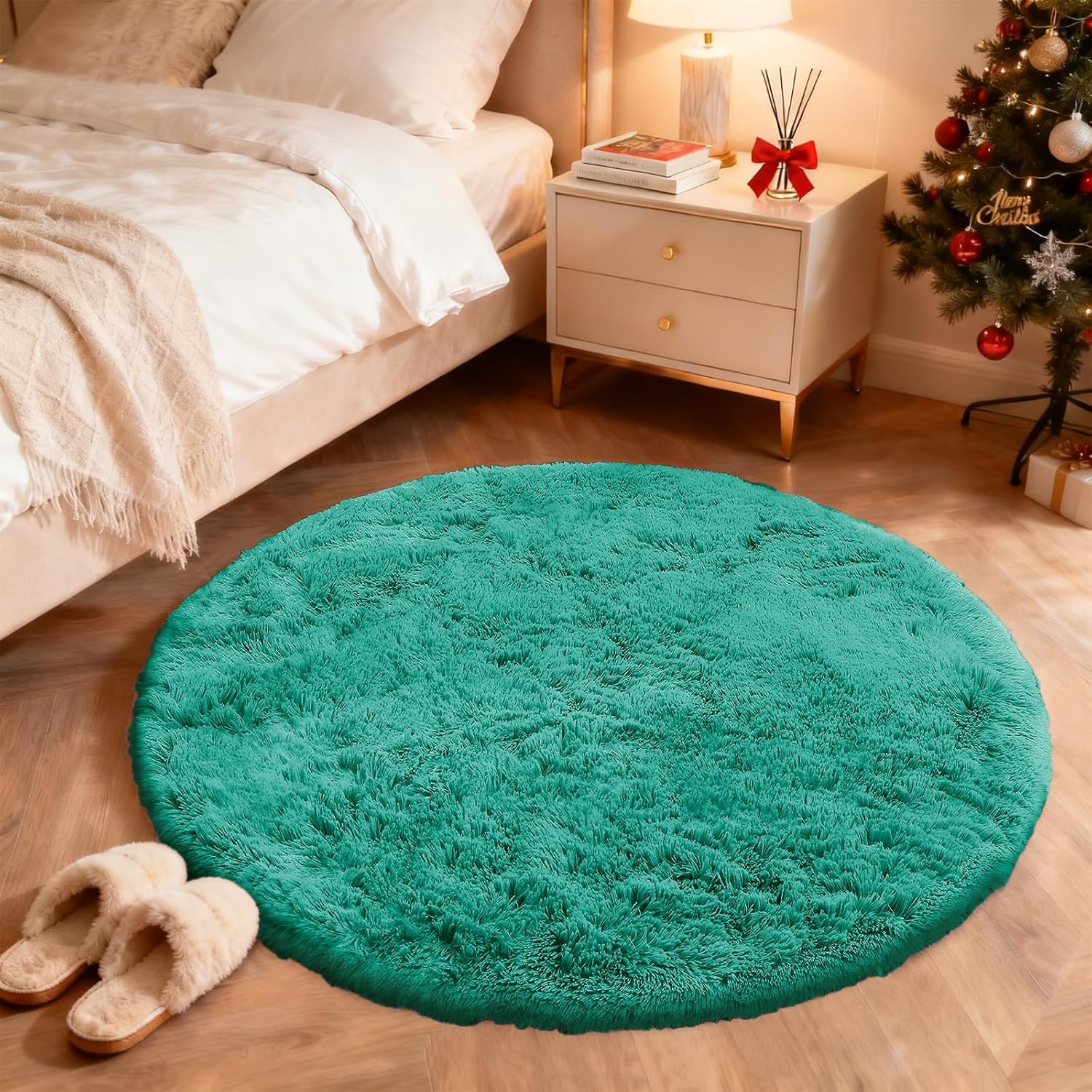 OLANLY Round Teal Green Area Rug - Soft, Fluffy, Machine Washable 9 ft Carpet for Bedroom & Living Room