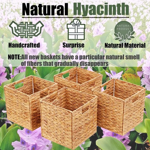 Handwoven Water Hyacinth Storage Baskets - 4 Pcs Foldable Square Bins for Laundry Organization | 11x11in