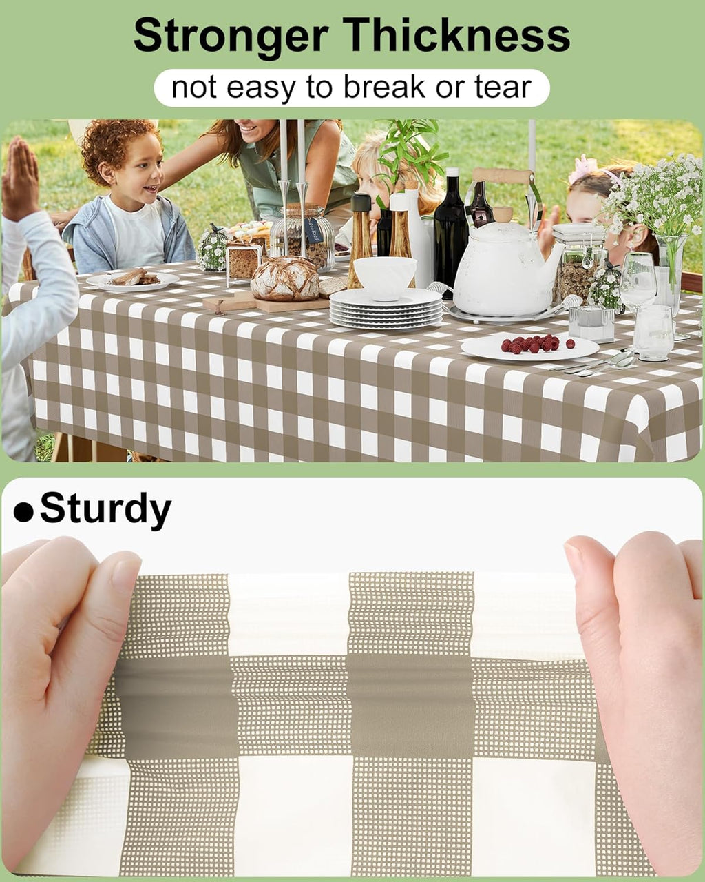 Smiry Gingham Disposable Tablecloths - Waterproof 54 x 108 Inch Khaki & White Checkered Covers for Parties & Outdoor Events