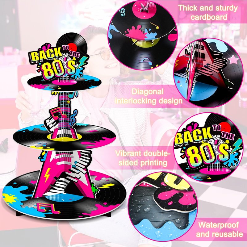 Ben Louis 3 Tier 80s Cupcake Stand Party Decorations Back to The 80's Theme Holder Retro 1980s Hip Hop Dessert Tower Birthday Cake for Neon Rock Hippie Supplies