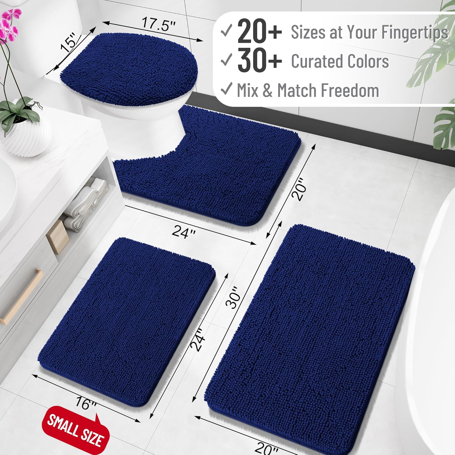 OLANLY U-Shaped Toilet Rugs - Extra Soft Absorbent Chenille Bath Mat | 20x20, Navy, Machine Washable
