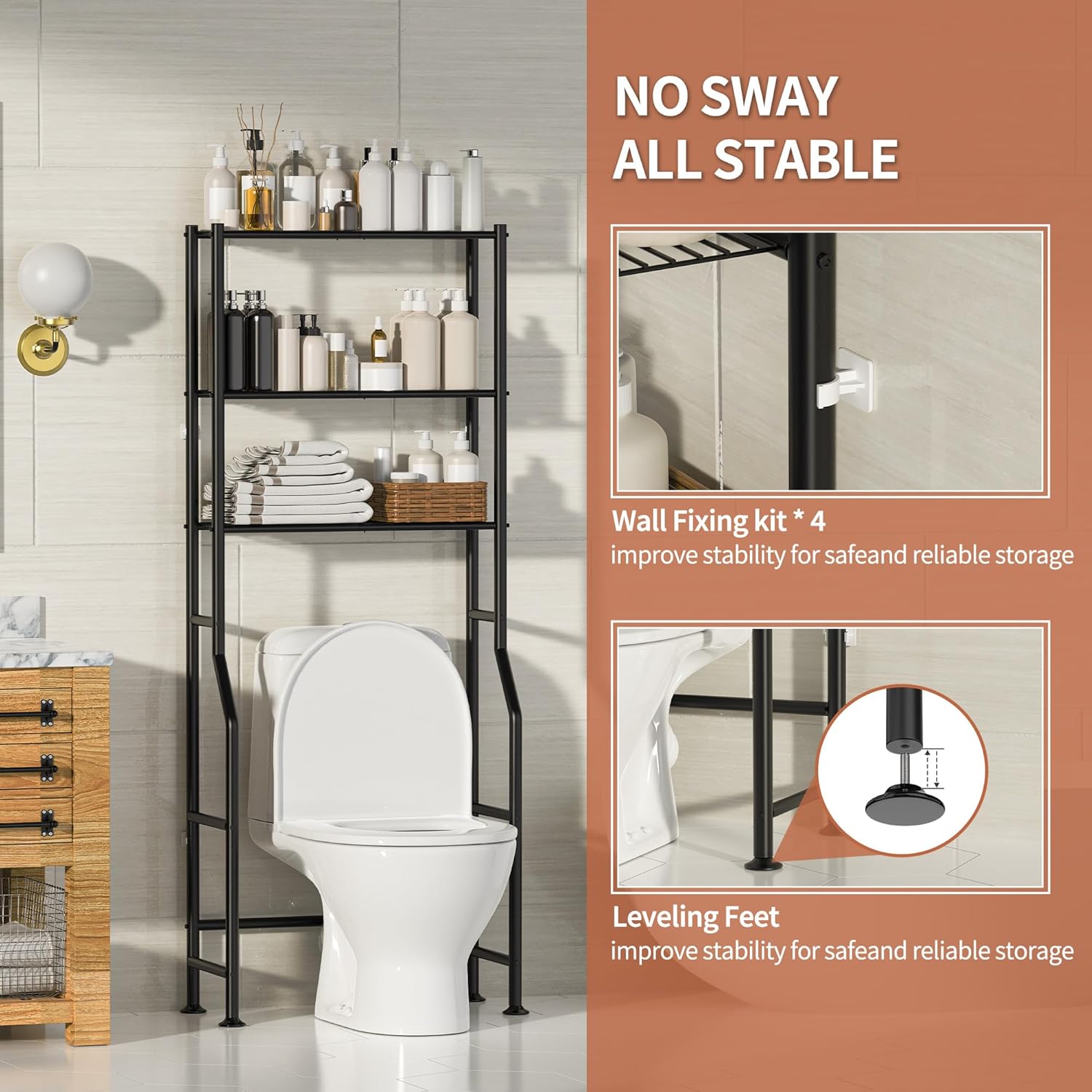 Skiennix 3-Tier Over The Toilet Storage | Freestanding Metal Bathroom Shelves - Space Saver (Black)