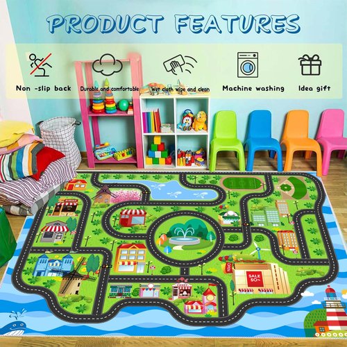 nanshiba Car Rug,Kids Play Rug with Roads,Playroom Toy Car Rug, Car Track Rug City Map for Bedroom Classroom - (78.7X59 Inches)
