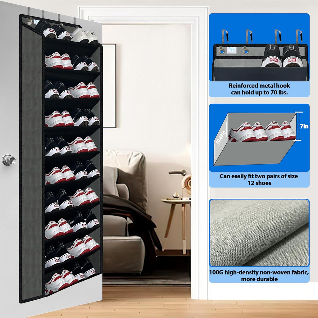 Skiennix Shoe Organizer - 70 lbs Capacity Over The Door Rack | 10-Tier Heavy Duty Bamboo Design - Grey/Black
