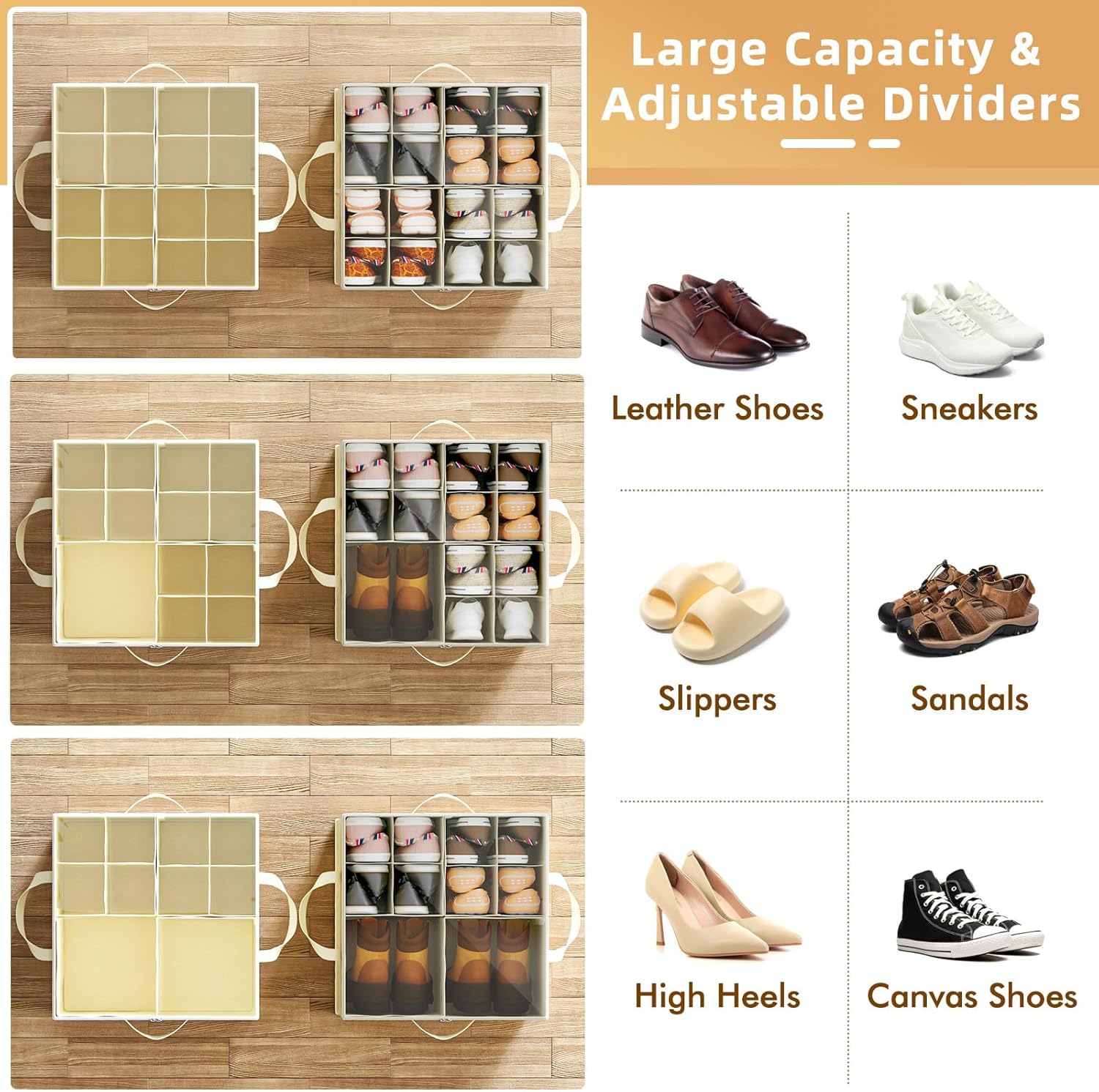 NestOrganix Shoe Organizer - Large Foldable Storage Box with Adjustable Dividers & Clear Cover | Beige 2-Pack