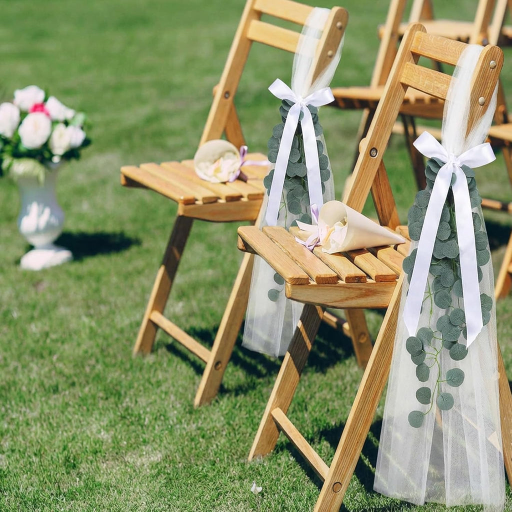 Regine Switzerland Wedding Aisle Chair Decorations - White Tulle Tails with Ribbon Bows & Eucalyptus Vine | 24 Set