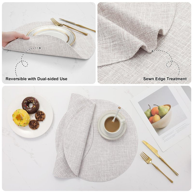 homing 15 Inch Round Cloth Placemats Set of 6, Cotton Linen Blend Washable Table Mats, Farmhouse Dining Place Mats for Indoors & Outdoors, Easy to Clean, Beige