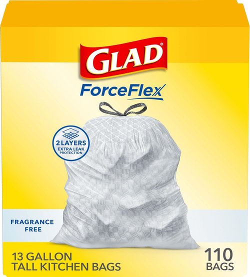 Glad ForceFlex Tall Kitchen Trash Bags - 13 Gallon, Fragrance-Free, 110 Count for Strong Odor Control