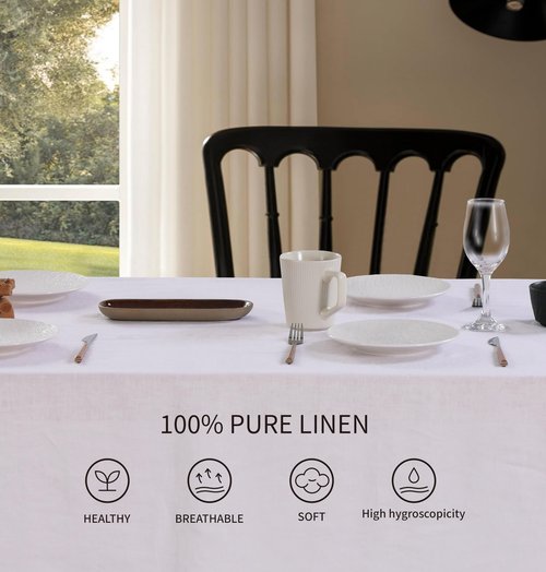 AORISSI 100% Pure Linen Scalloped Embroidery Rectangle Tablecloths 84Lx60W Inch for Dinners, Parties, Spring, Machine Washable, 6-8 Sets, White(Edges-Green)