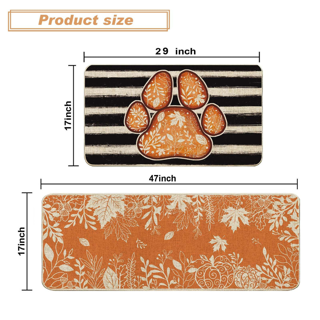 Baccessor Maple Leaves Fall Kitchen Mats Set of 2, Orange Dog Paw Black Stripes Kitchen Rugs for Floor Low-Profile Farmhouse Fall Thanksgiving Home Decor 17x29 and 17x47 Inch