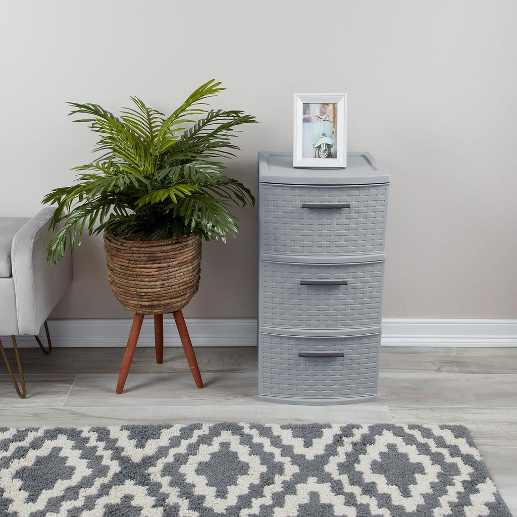 Sterilite 3 Drawer Storage Tower | Lightweight Plastic Weave Organizer - Cement Color for Bedrooms & Closets