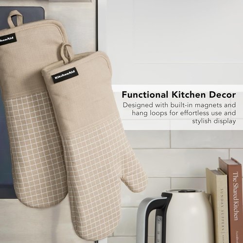 KitchenAid Gourmet Series Oven Mitts - Heat Resistant Up to 600°F | Soft Silicone Grip, Milkshake Tan, 2-Pack Set