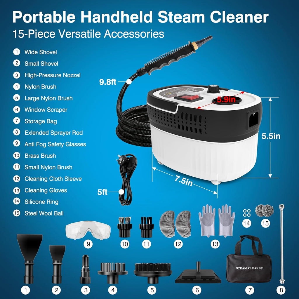 Skiennix Steam Cleaner - 2500W High Pressure Portable Steamer with 6-Level Adjustable Steam & 17-Pcs Kit