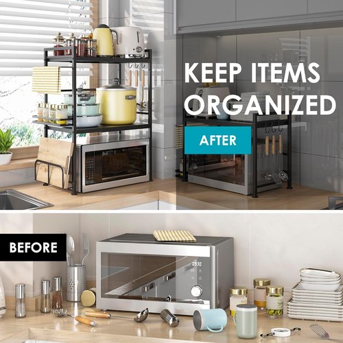 DOLALIKE Microwave Oven Rack - Expandable Kitchen Storage Stand with 6 Hooks | Carbon Steel Countertop Organizer