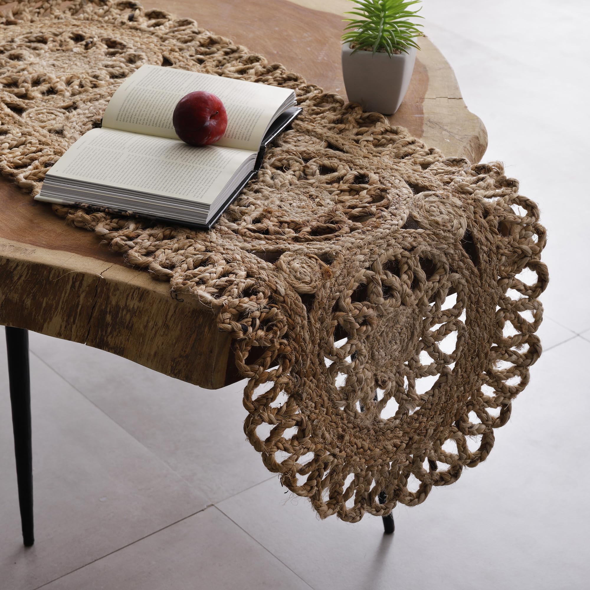 Madhu International Jute Table Runner - Rustic Handwoven Table Cover Made from Natural Jute Fiber - Intricate Boho Woven Mantelpiece for Office, Coffee Table, Dining Table, Hallway, Entryway - 13x72